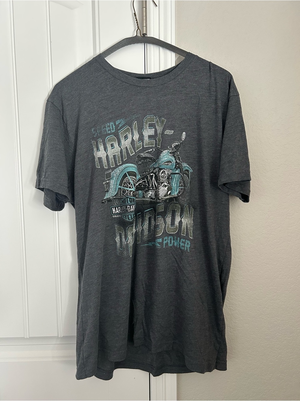 Harley-Davidson Charcoal Tee with Teal Motorcycle Graphic